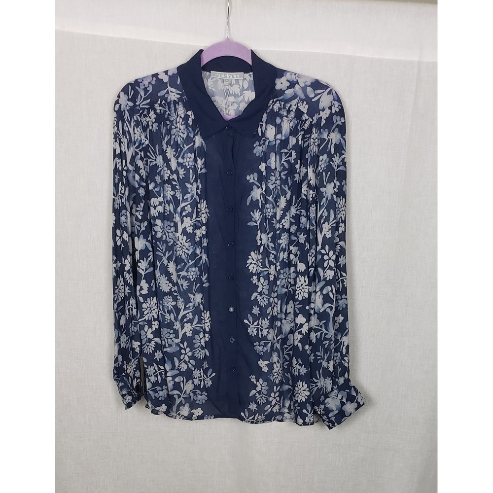 Daniel Rainn Navy Blue Floral Button Front Blouse 1X Feminine Office Summer